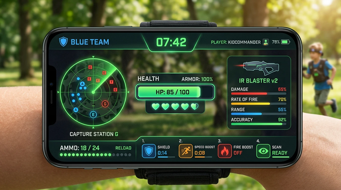 Detailed combat HUD with team radar, weapon upgrades, power-ups, HP and ammo