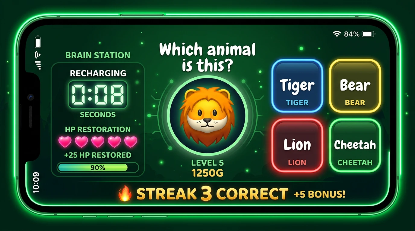 Recharge screen with brain challenge question